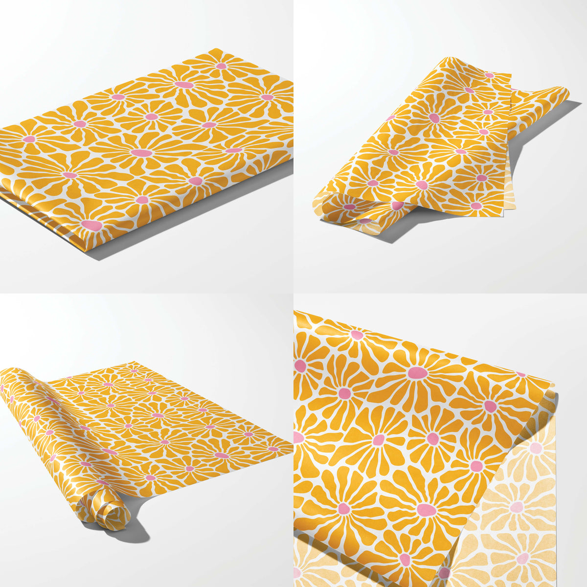 Tissue paper printed with a yellow and pink daisy pattern, shown folded, rolled, and flat across four views
