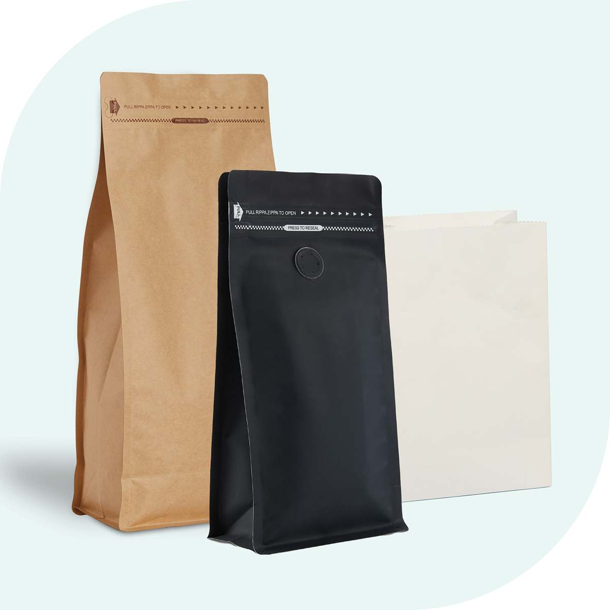 Plain brown kraft and matte black coffee pouches with pull-tab zips beside a plain white paper bag