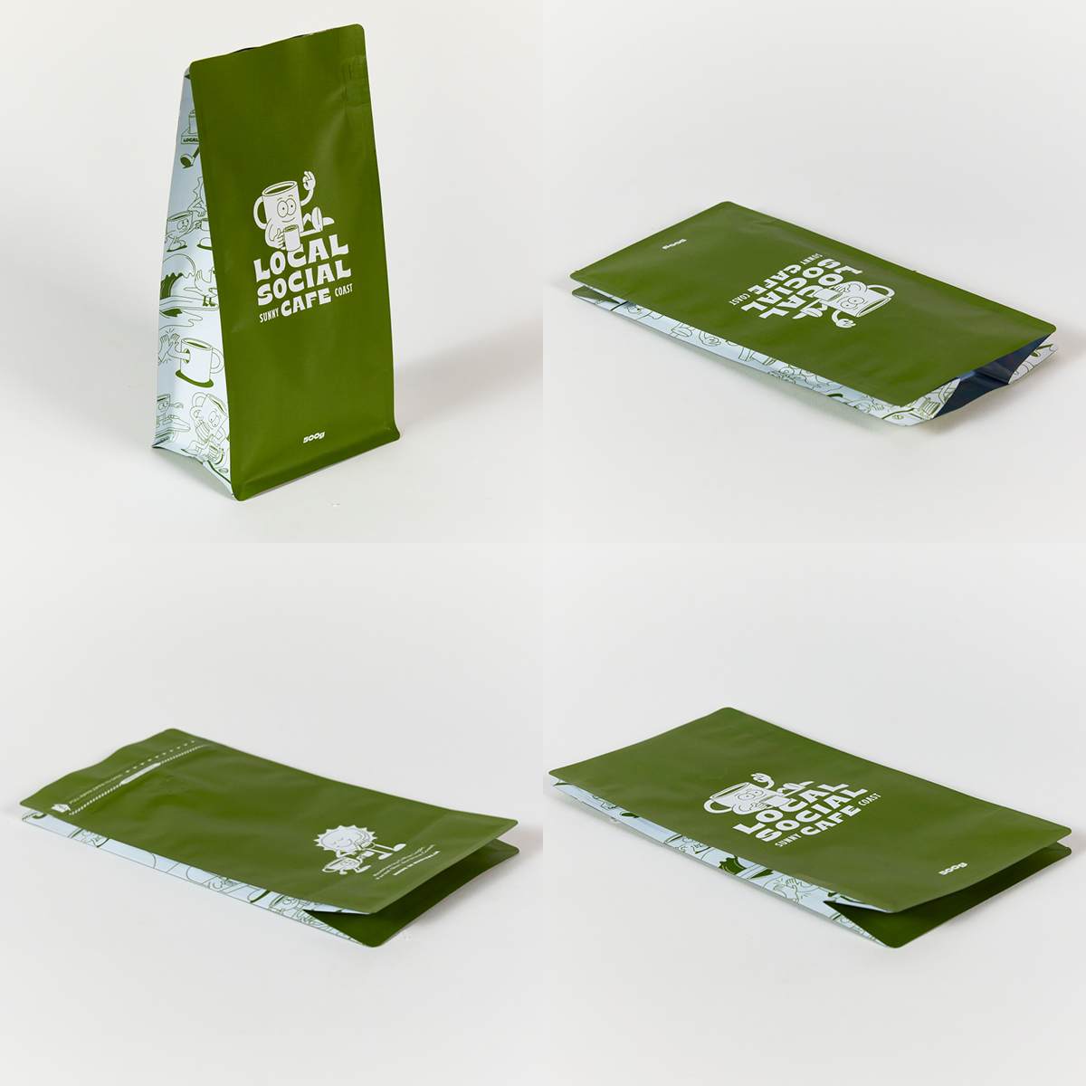 Matte olive green and white box bottom pouch shown standing and flat from four angles on a white background