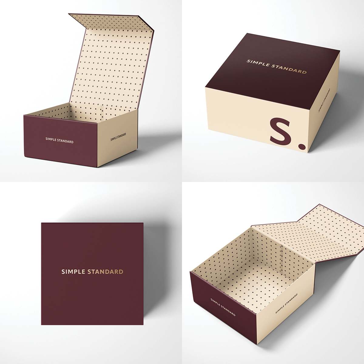 Custom magnetic box in burgundy and cream with a dotted interior, shown open and closed from multiple angles