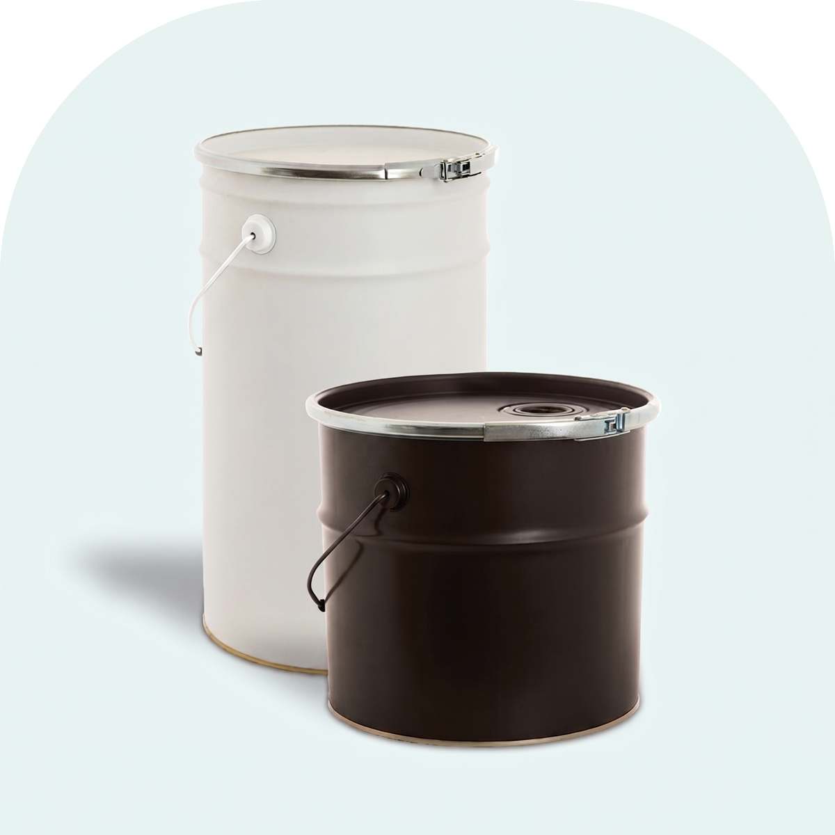 Plain white and black metal pails with lever lock lids and wire handles on a light blue background