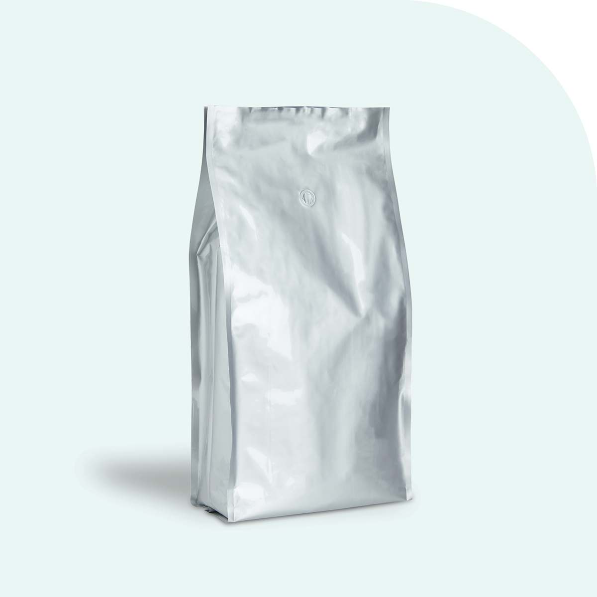 Plain metallic silver side-gusset coffee pouch with a degassing valve
