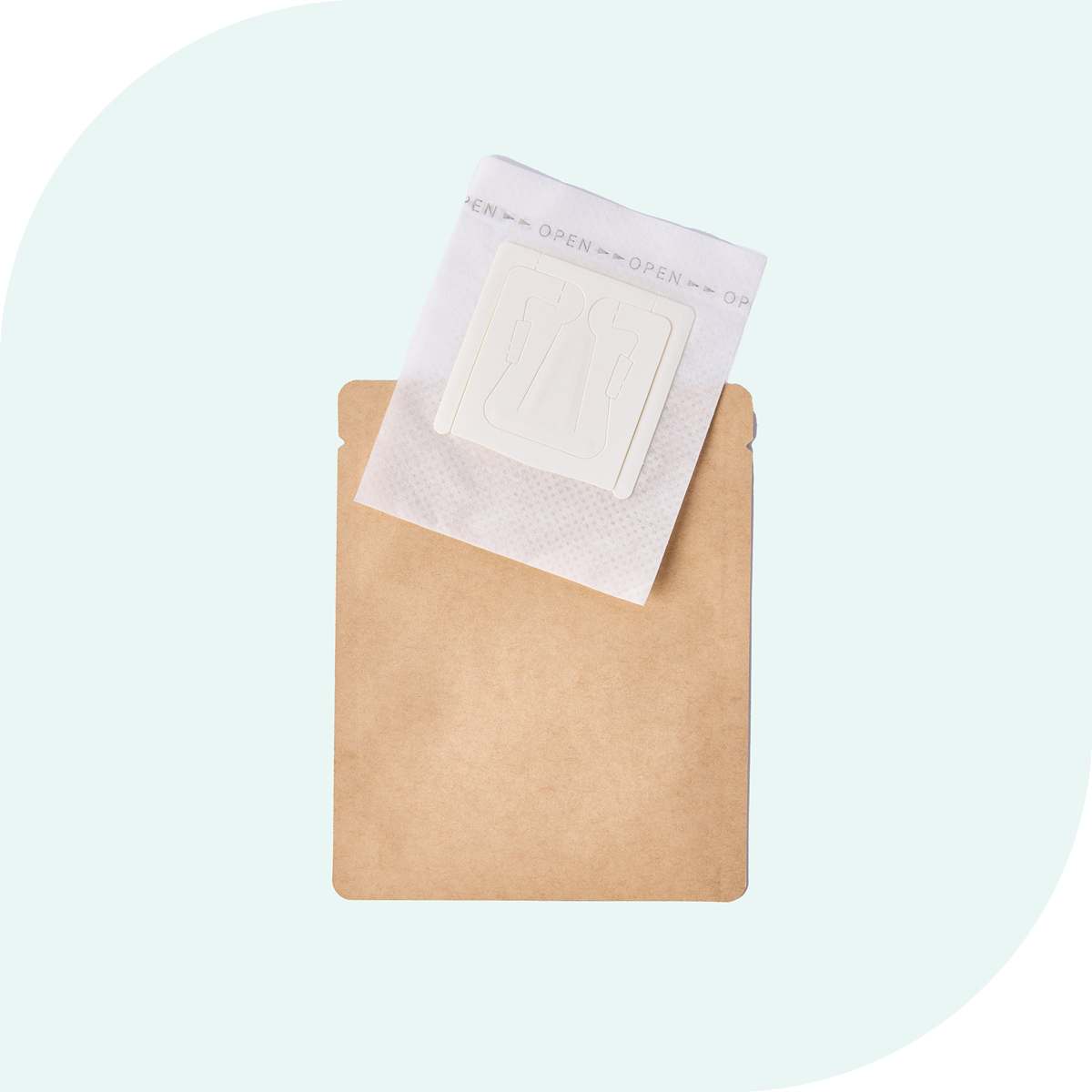 Plain brown kraft sachet with a white drip coffee filter bag protruding from the top