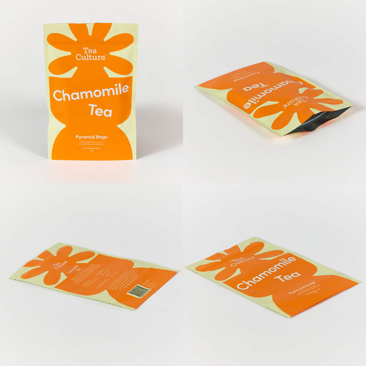 Custom-printed orange and cream stand-up pouch shown upright and flat from multiple angles on a white background