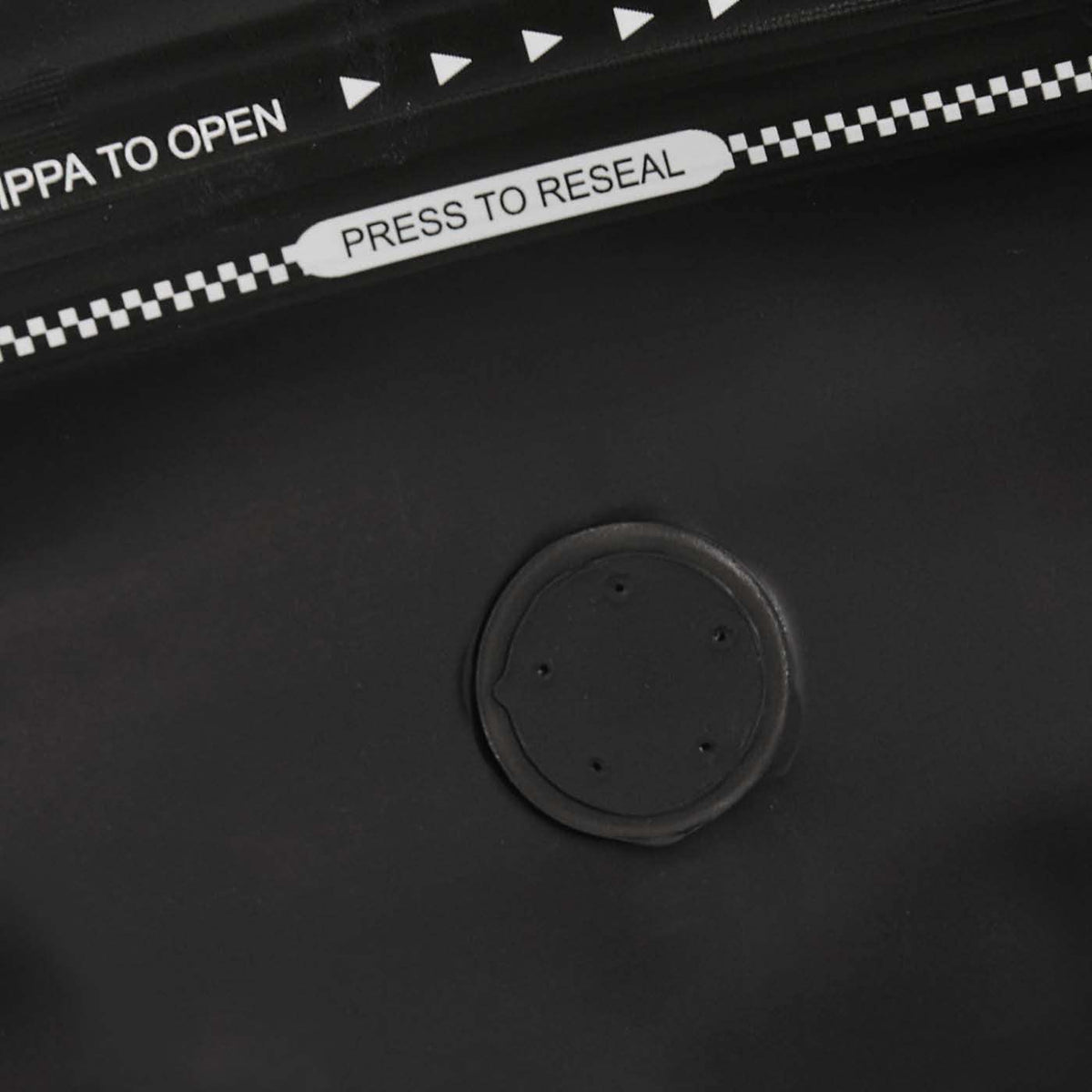 Matte black stand-up pouch with a resealable zip closure and a circular degassing valve