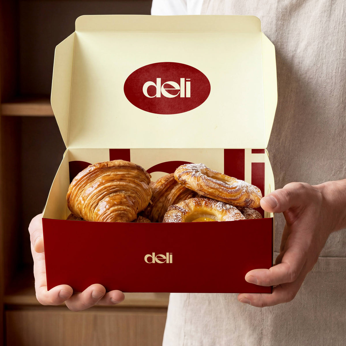 A person holding an open red and cream bakery box printed with a deli logo, filled with assorted pastries