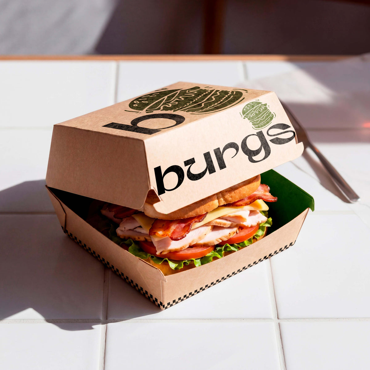 Kraft burger clamshell box printed with a burger graphic and burgs text, holding a sandwich on white tiles