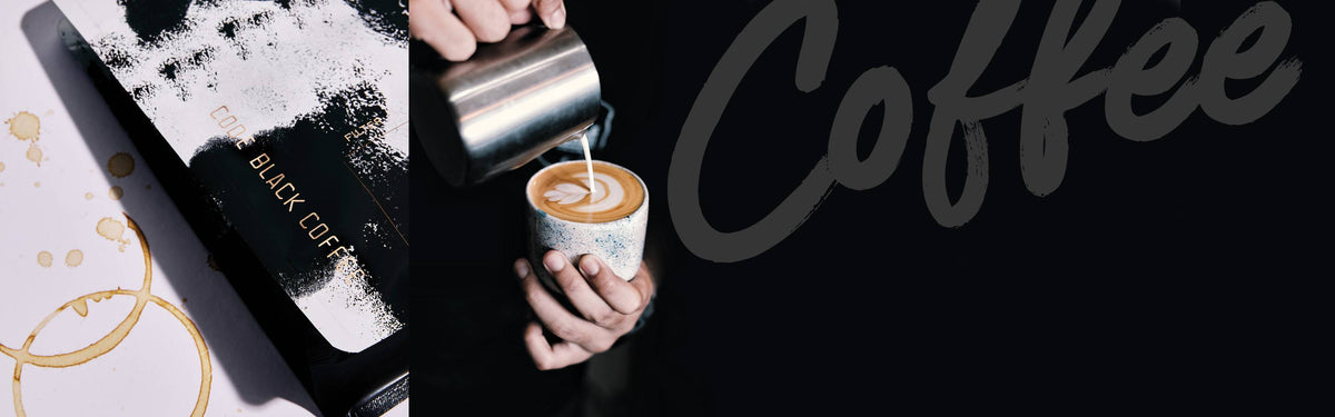 Black and white printed coffee pouch beside a barista pouring latte art, set against a dark background