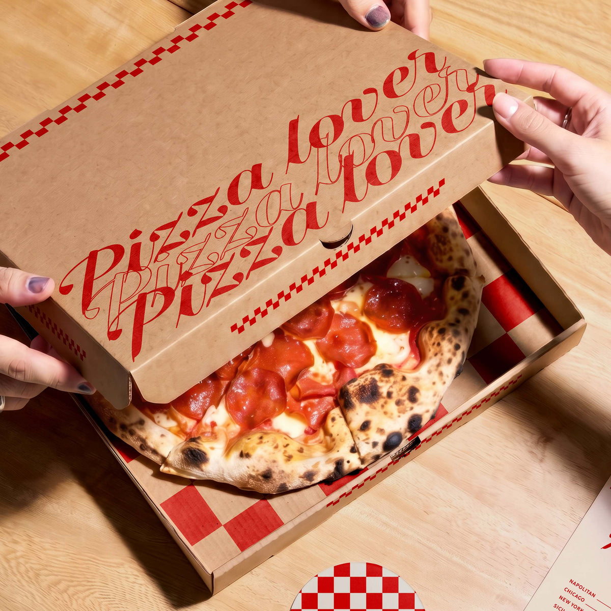 Hands opening a brown kraft pizza box printed with red text and patterns, revealing a pepperoni pizza inside