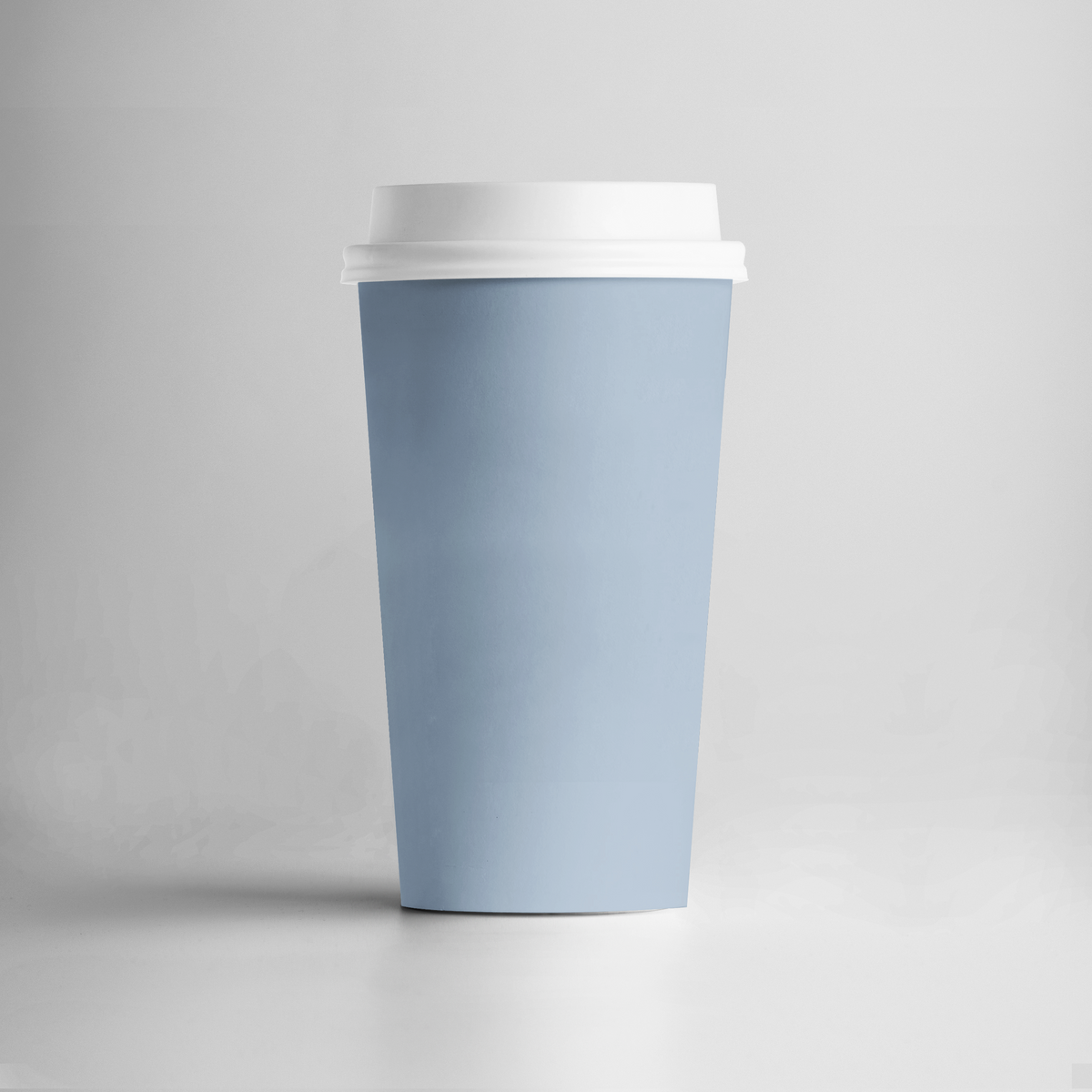 Tall light blue takeaway coffee cup with a white lid on a plain grey background